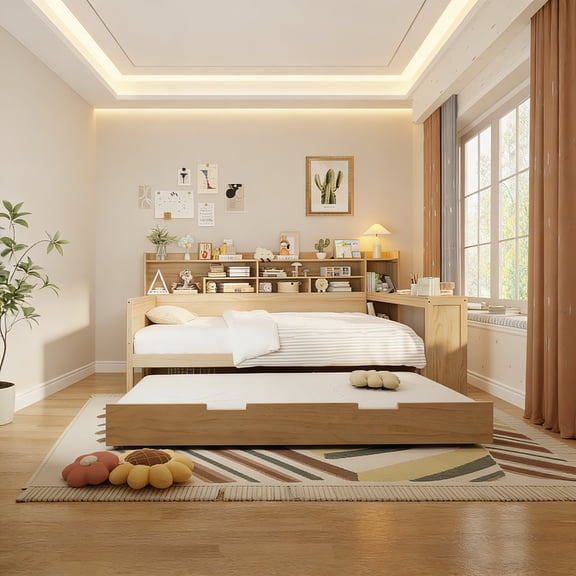 Wooden Daybed with Storage Shelves, Built-In Twin Trundle and Study Desk, Multi-Functional Bed Frame