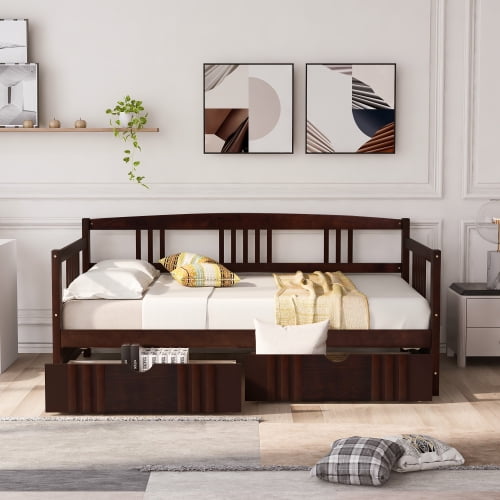 Wooden Daybed with Trundle Bed and Two Storage Drawers , Extendable Bed Daybed,Sofa Bed for Bedroom Living Room, Gray
