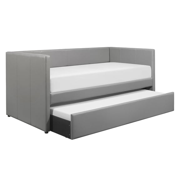 Wooden Daybed with Trundle Feature | Used for Rest or Sleep | Gray Faux Leather Upholstery | Provide More Sleep Spots