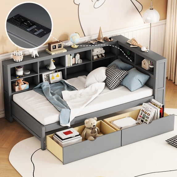 Wooden Daybed with USB Charging and Storage Shelf - Convenient and Stylish for Bedroom