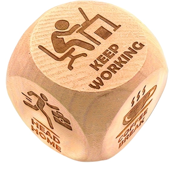 Wooden Decision Dice - Fun 6-Sided Engraved Dice with Work/Life Icons, Compact Size for Office, Home, Desk Decor, Decision-Making Tool for Professionals, Students, Everyday Use