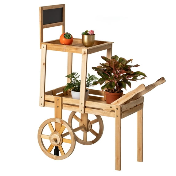 Wooden Decor Wagon Flower Stand Decoration Planter 2 Tier Vertical Pot Natural Garden Stand Wheels Cart Indoor or