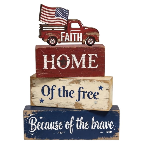 Wooden Decorative Block Stack with Patriotic Hat and Fireworks Print Faith America Freedom Letter Design for Home Display
