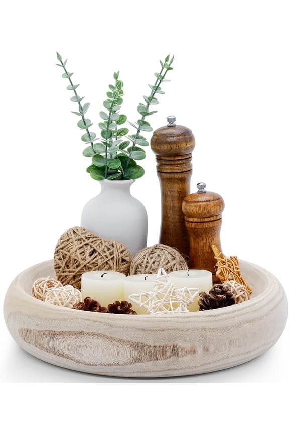 Wooden Decorative Bowls, 13 Inch Round Paulownia Wood Centerpiece Bowls for Home Decor, Natural Fruit Bowl Coffee Table, Key Tray Entryway Moss Holder (Wooden)