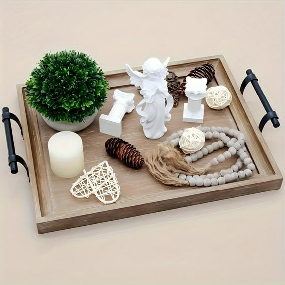 Homneer Wooden Decorative Tray with Handles for Coffee Table, Decor, Tale Centerpiece, Home Kitchen Farmhouse (Rectangle)