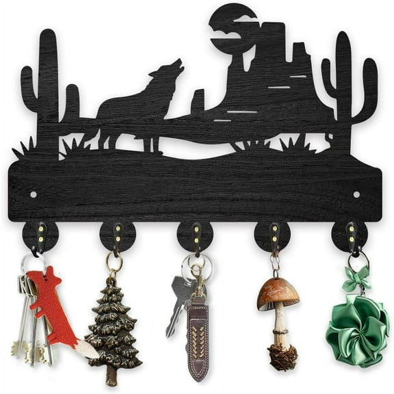 Wooden Desert Wolf Key Hook Cactus Coat Rack Wall Mounted 11.8 x 7.8 inches Animal Theme Key Hanger Natural Coat Hook with 5 Alloy Hooks Office