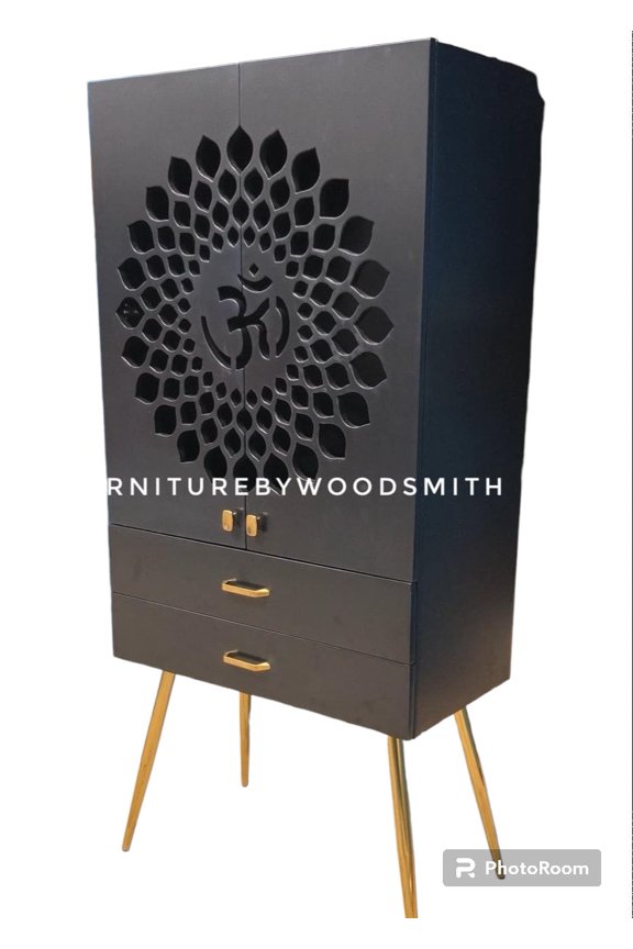 Wooden Designer Black Temple For Home And Office / Mandir With LED Lights / Wooden Mandir With Doors And Standing Legs / Pooja Mandapam