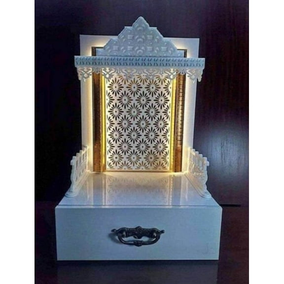 Wooden Designer Temple For Home And Office With LED Lights / Puja Mandir For Home With Cabinet Storage / Wall Hanging And Table Top Mandir