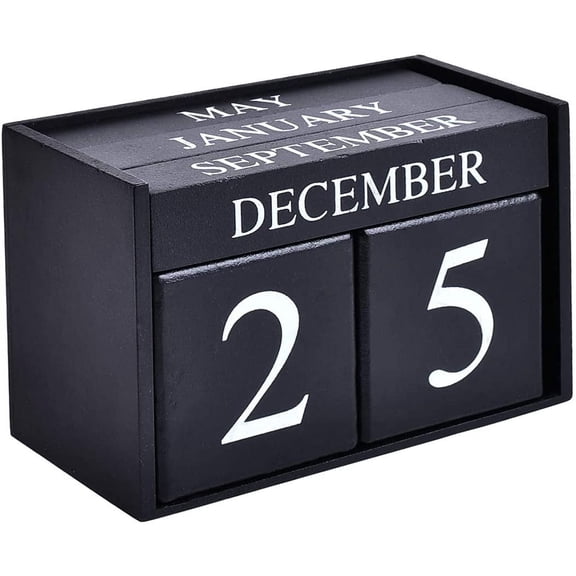 Wooden Desk Blocks Calendar - Perpetual Block Month Date Display Home Office Decoration,Black,F79762