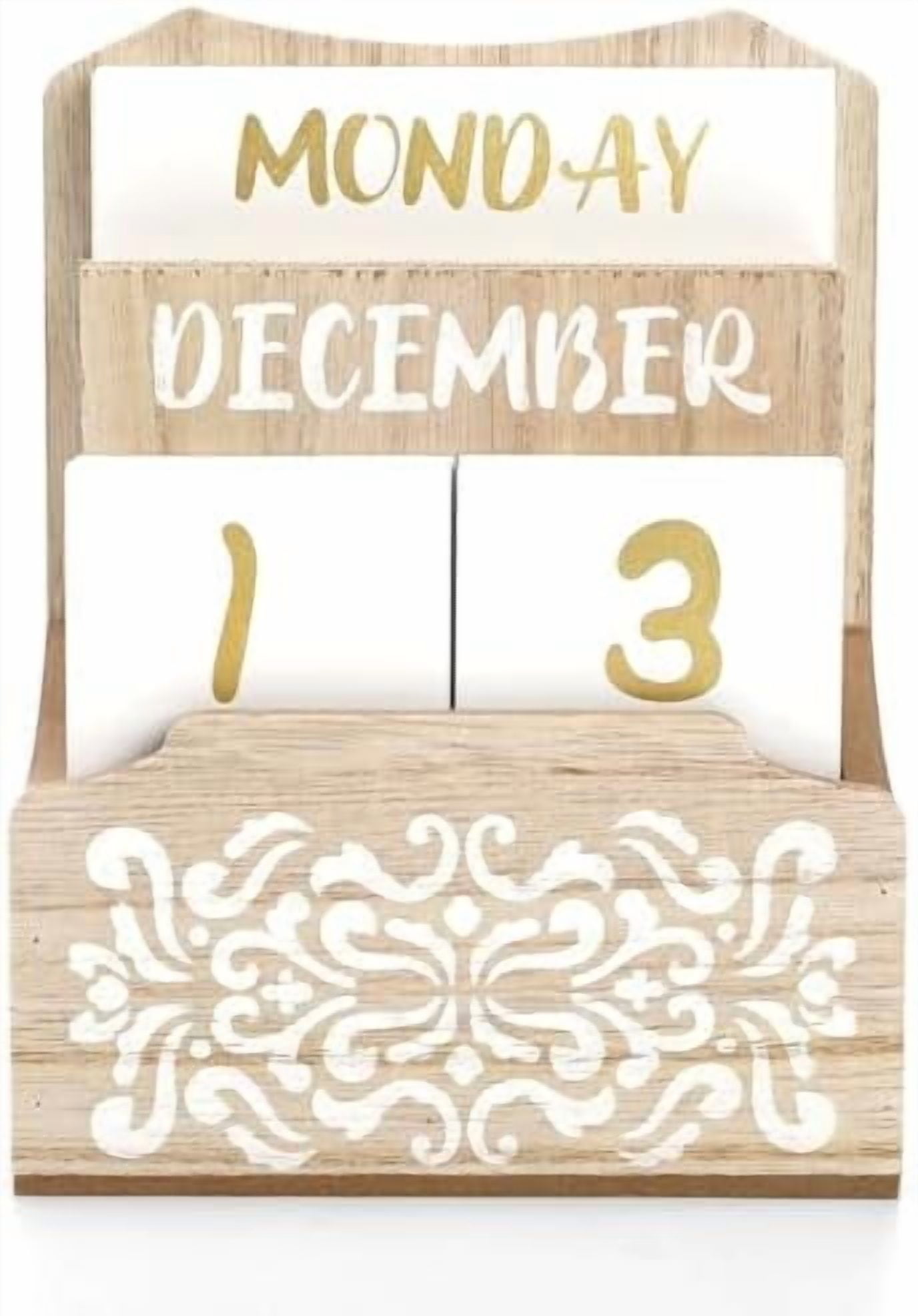 Wooden Desk Calendar, Wood Block Perpetual Calendar for Desk Vintage ...