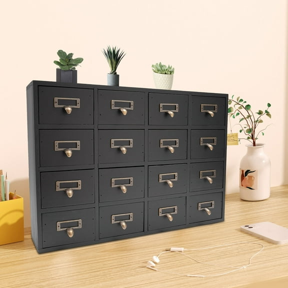 Wooden Desk Drawer Organizer Black 16 Drawers Apothecary Cabinet, Rustic Apothecary Chests and Cabinets, Herb Storage Box