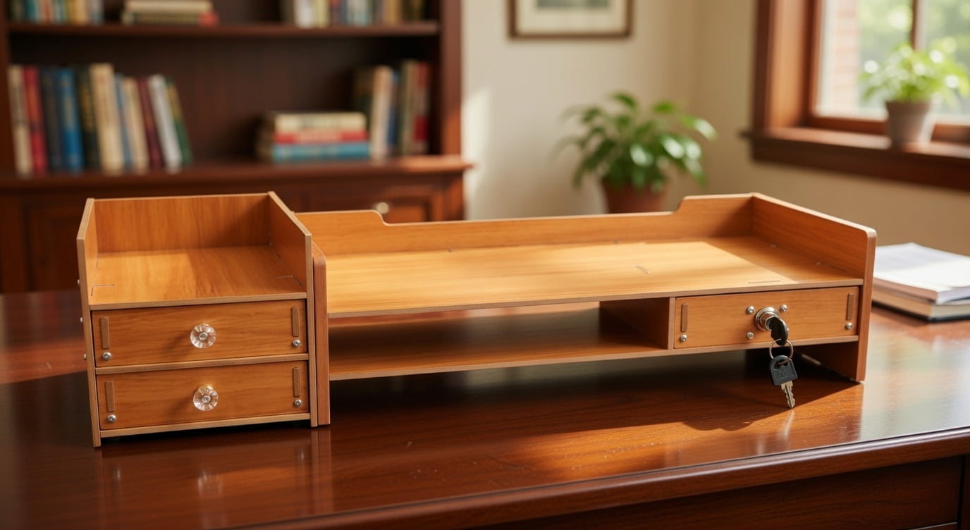 Wooden Desk Monitor Riser with Secure Drawer and Storage Slots
