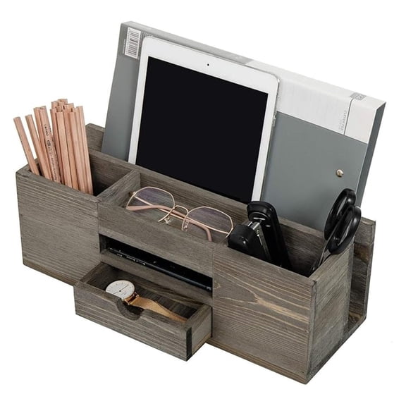 Wooden Desk Organizer, Brown Desktop Storage Caddy with Drawers & Shelves - Office Supplies, Stationery, Cosmetics, Home & Vanity Organizer