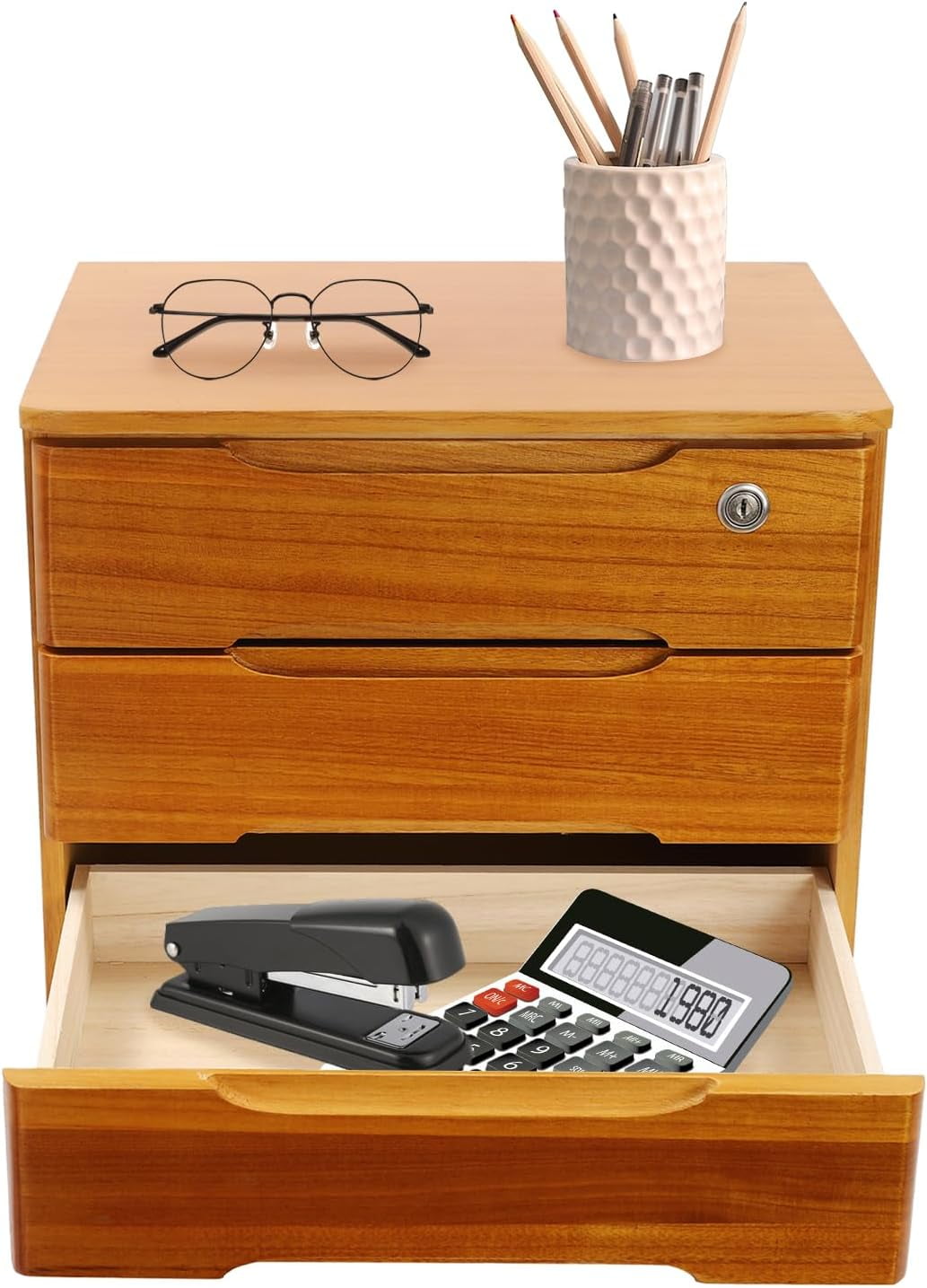 Wooden Desk Organizer with Drawers and Lock, Desktop Storage Cabinet ...