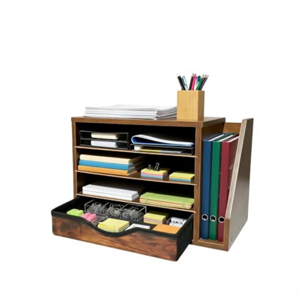 Wooden Desk Organizer with Drawers Wood Desk Organizers and Accessories 4 Tier Desk Organizer with Adjustable Shelves Paper File Mail Organizer for Home Office Brown