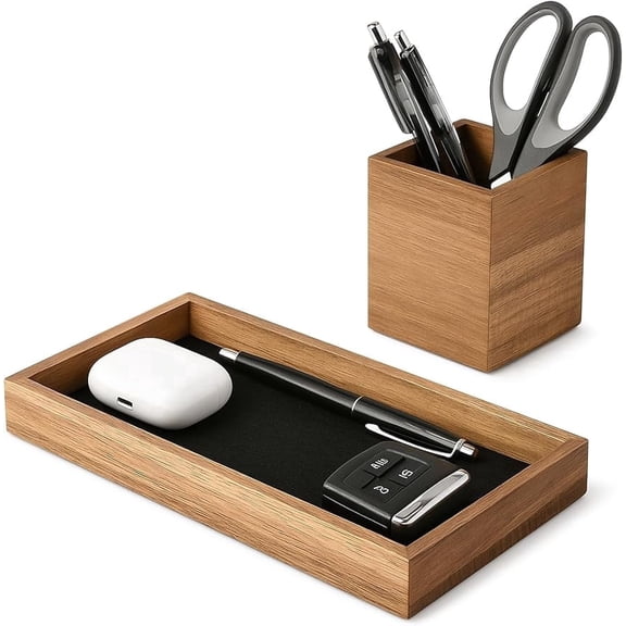 Wooden Desk Organizer Tray with Pen Holder, Felt-Lined Desktop Storage for Office & Home