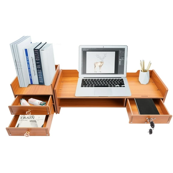 Wooden Desk Organizer With Drawers Office Supplies Computer Stand Desktop Tabletop Storage Stand
