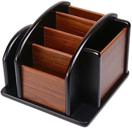 Brown and Black Wooden Desk Organizer with Multiple Compartments