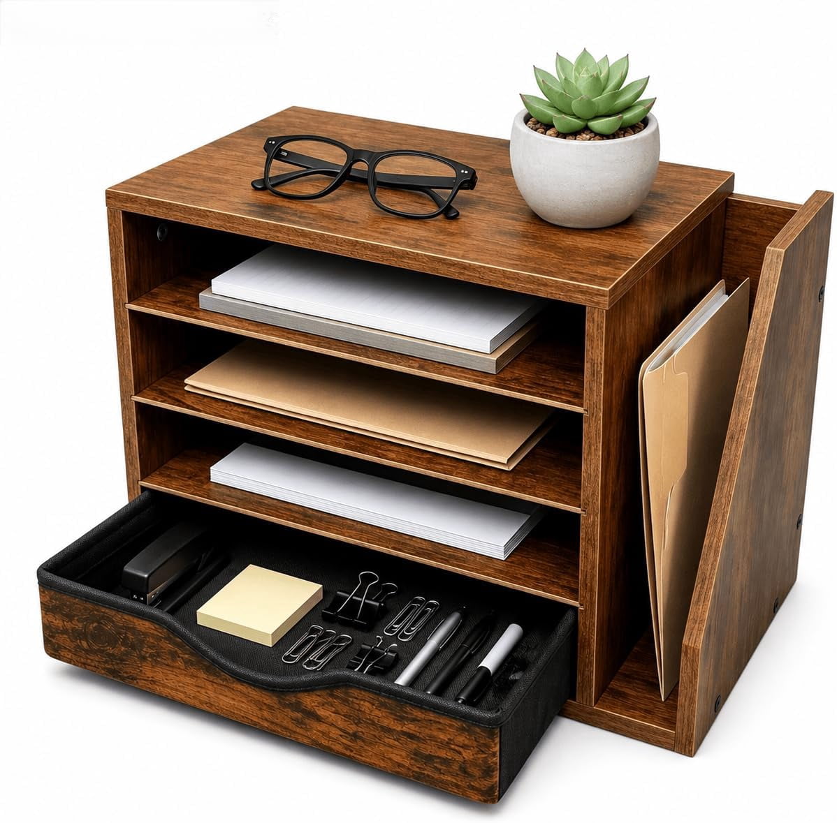 Wooden Desk Organizer with Drawers, Office Organizers, 4 Tier Desk Organizer and Accessories, Paper File Mail Organizer, Brown