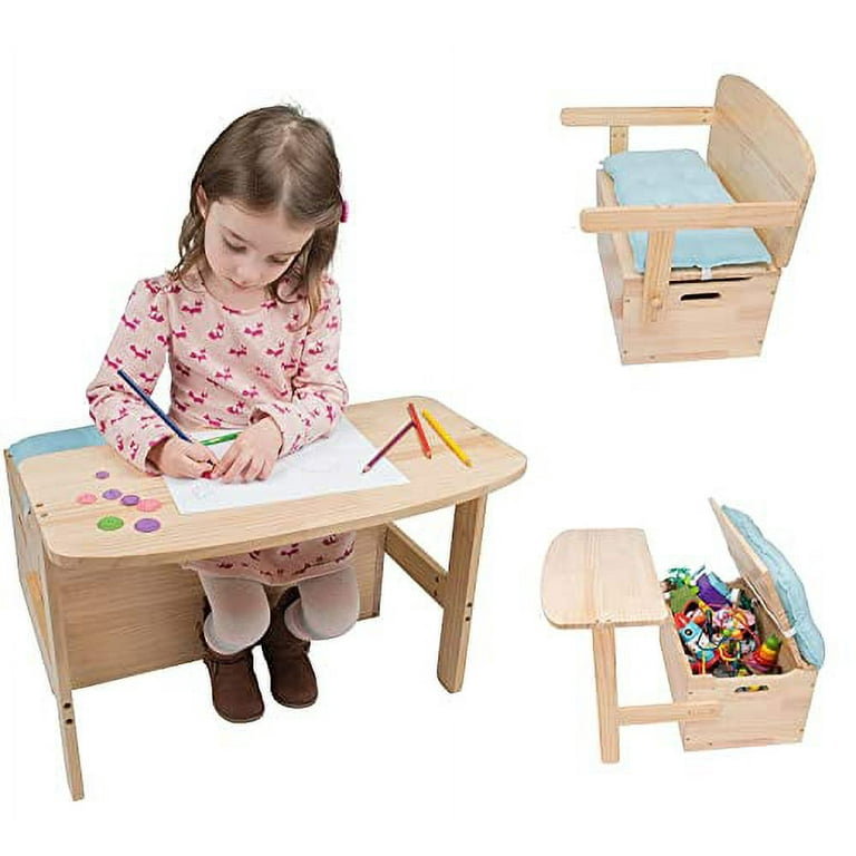 Wooden Desk and Chair Set w Toy Box Storage Converts to Bench Includes Blue Cushion 25 x 22 x 13 in