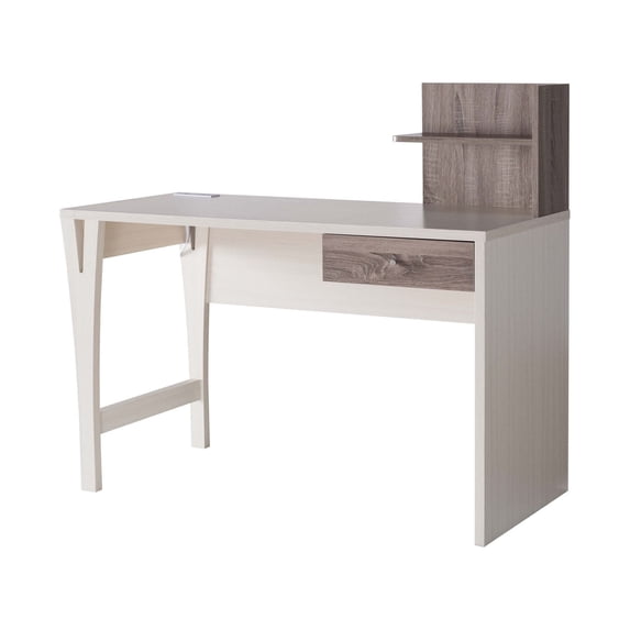 Wooden Desk with 1 Drawer and Side Shelf, Cream and Brown