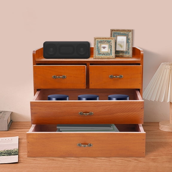 Wooden Desktop Organizer with 4 Drawers, Vintage Apothecary Style Office Organization Storage Cabinet, Tabletop Drawer Organizers for Supplies, Desk Accessories, Wood Tool Chest, Tea Cabinet