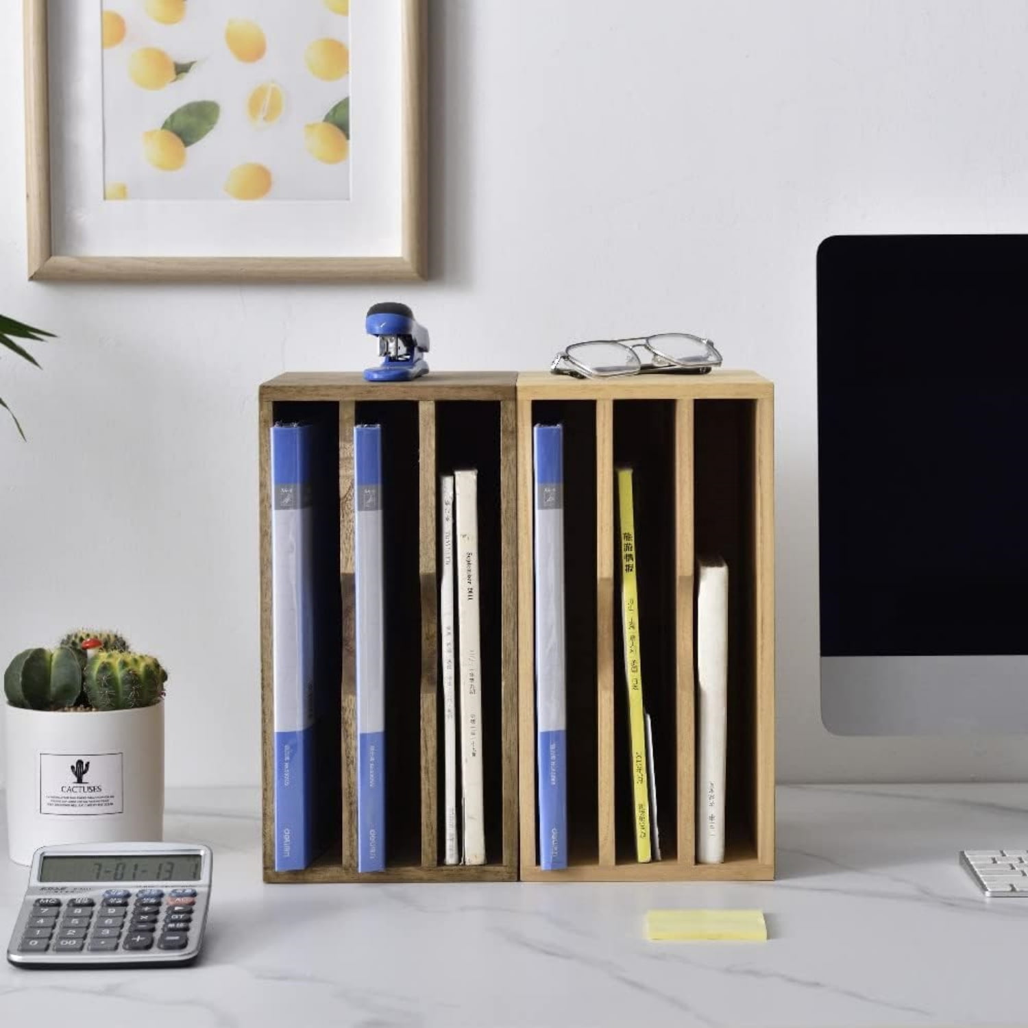 Wooden Desktop Organizer Paper Storage Letter Tray File Sorter - Desk Rack Magazine File Dividers Holders for Home Office Accessories with 3 Layer Trays Dark Brown
