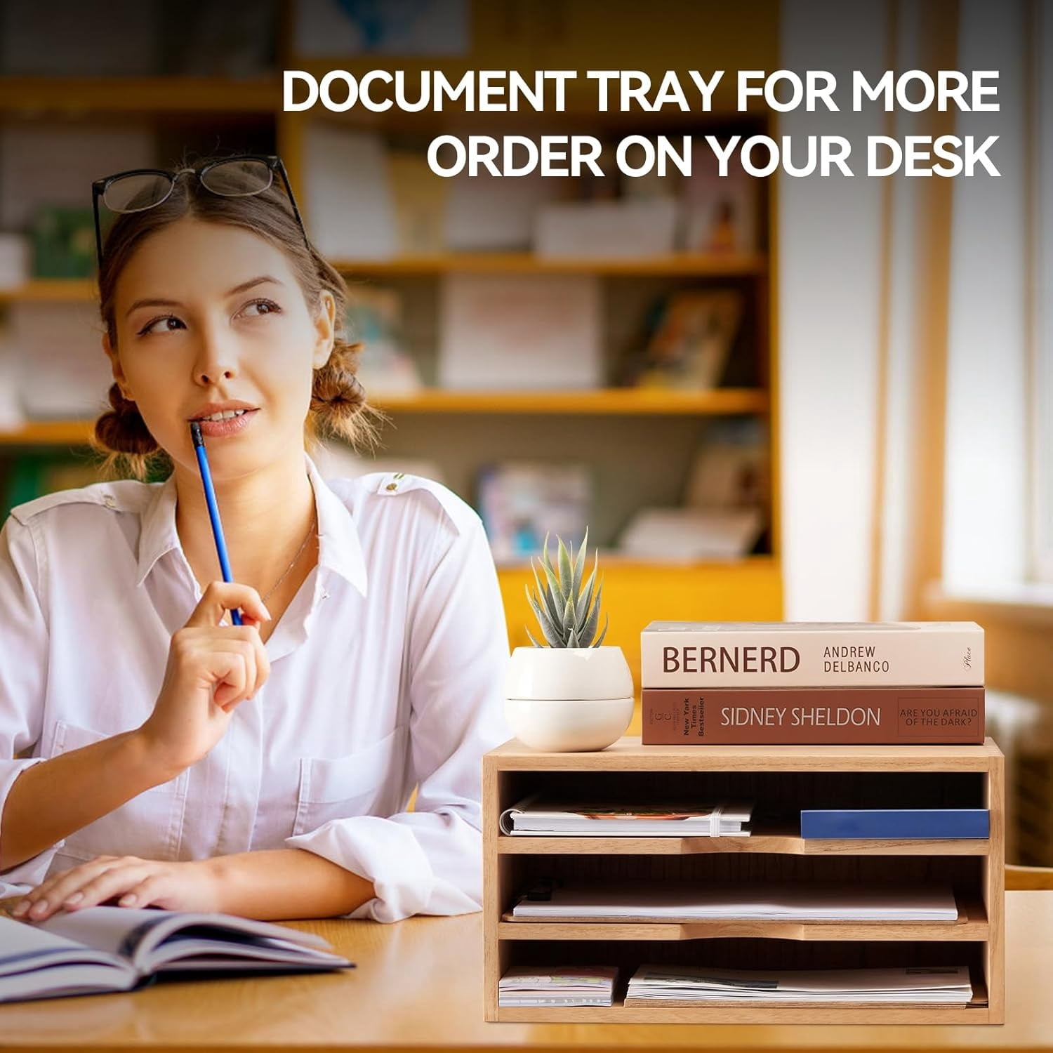 Wooden Desktop Organizer Paper Storage Letter Tray File Sorter - Desk Rack Magazine File Dividers Holders for Home Office Accessories Wood Desk Cabinet with 3 Layer Trays Natural