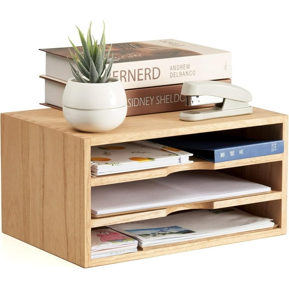 Wooden Desktop Organizer Paper Storage Letter Tray File Sorter - Desk Rack Magazine File Dividers Holders for Home Office Accessories Wood Desk Cabinet with 3 Layer Trays Natural