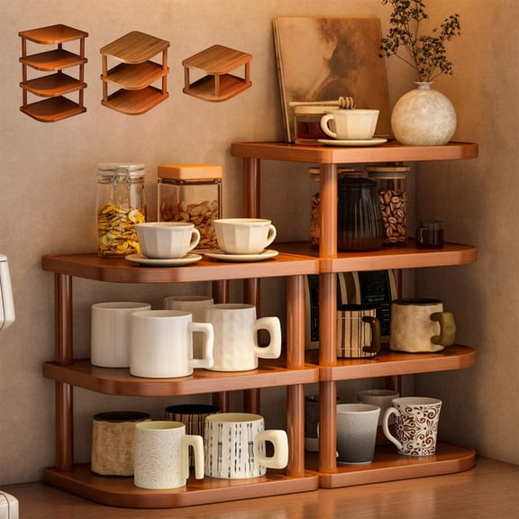 Wooden Desktop Organizer Shelf Multi Tier Corner Storage Rack with Cup Holders Brown Office Desk Bookshelf Display Stand 23.3x17x49cm