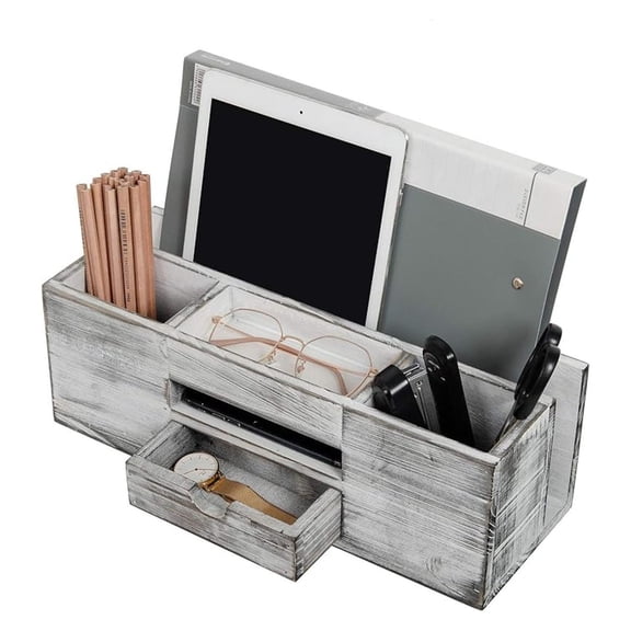 Wooden Desktop Organizer - Whitewashed Office & Vanity Storage Caddy - Multi Compartment Organizer Rack with Drawer, Shelves for Supplies, Cosmetics, Documents