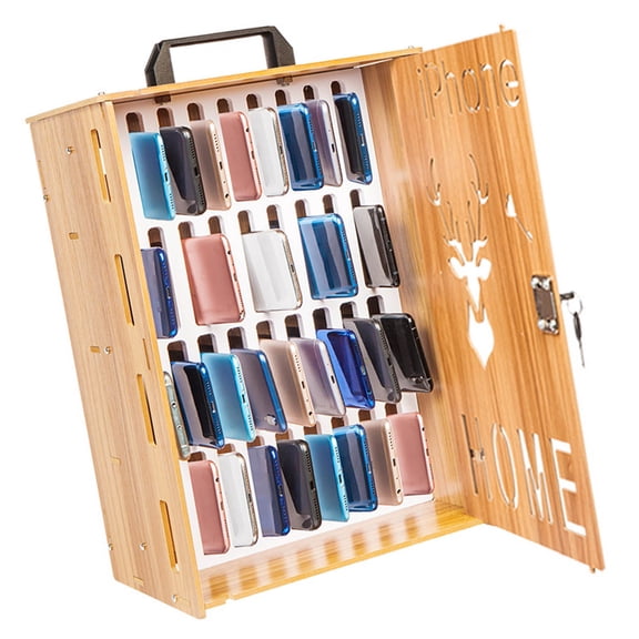 Wooden Desktop Phone Management Box Security Lock Feature Ergonomic Carrying Handle For Office Home Organization