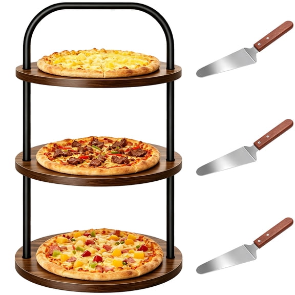 Three-Tier Wood Desktop Organizer, 18 x 11.8 in Iron & Wood Serving Stand, Rustic Appetizer Cake Display with Curved Handle for Living Room, Kitchen, Plus 3 Pizza Spatulas