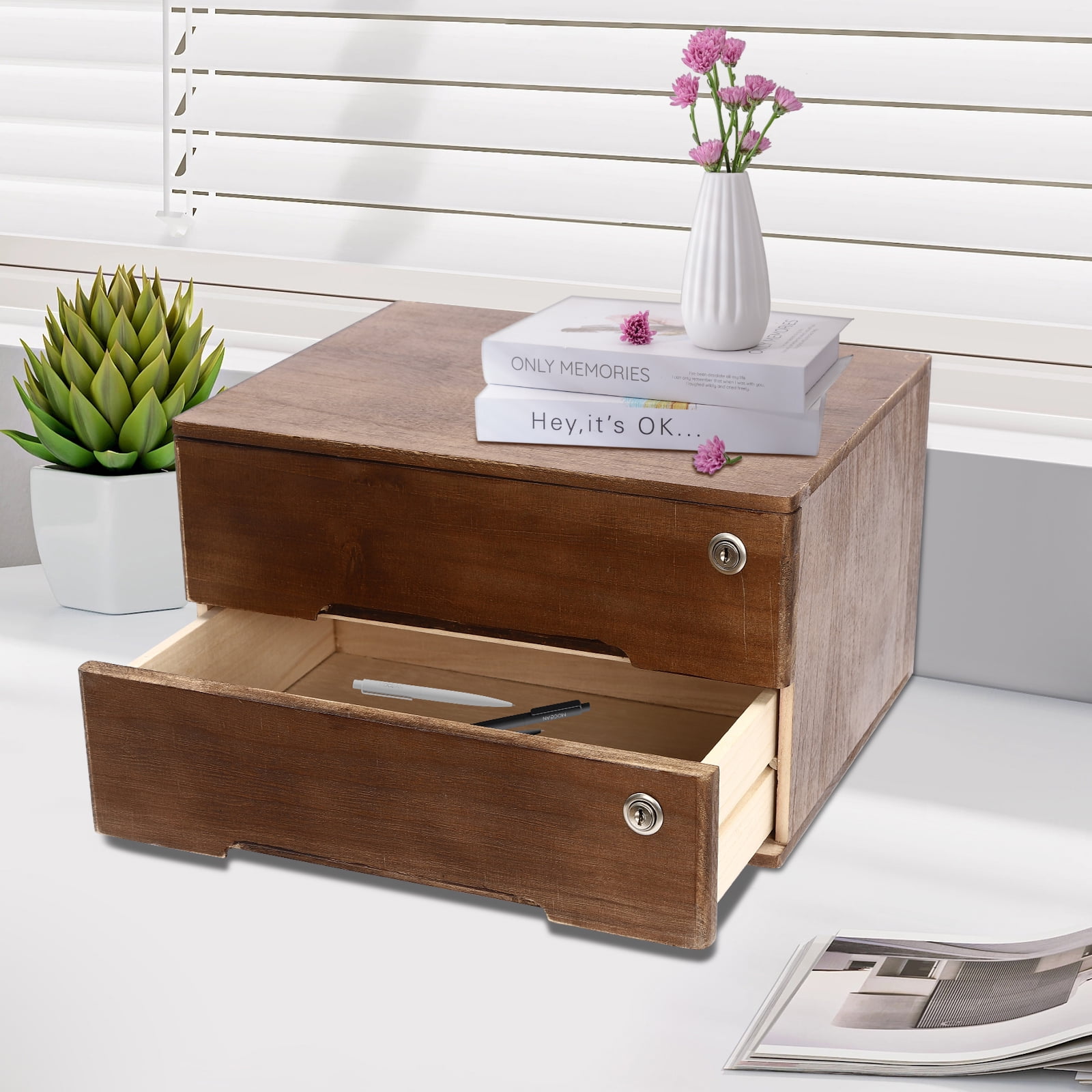 Wooden Desktop Storage Box, 2-Drawer Organizer with Lock, Minimalist Design for Files, Keys, and Daily Essentials in Home or Office