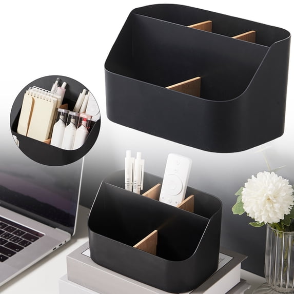 Wooden Desktop Storage Box with Divided Compartments,Detachable Organizer for Makeup Brushes Stationery Remote Control Home Decor,desktop organizer,Black,1PC