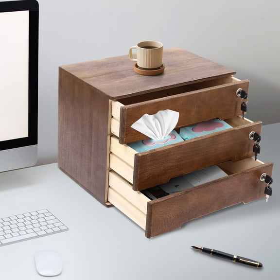 Wooden Desktop Storage Box with Lockable Drawers, Office Supplies File Organizer, Flat File Cabinet