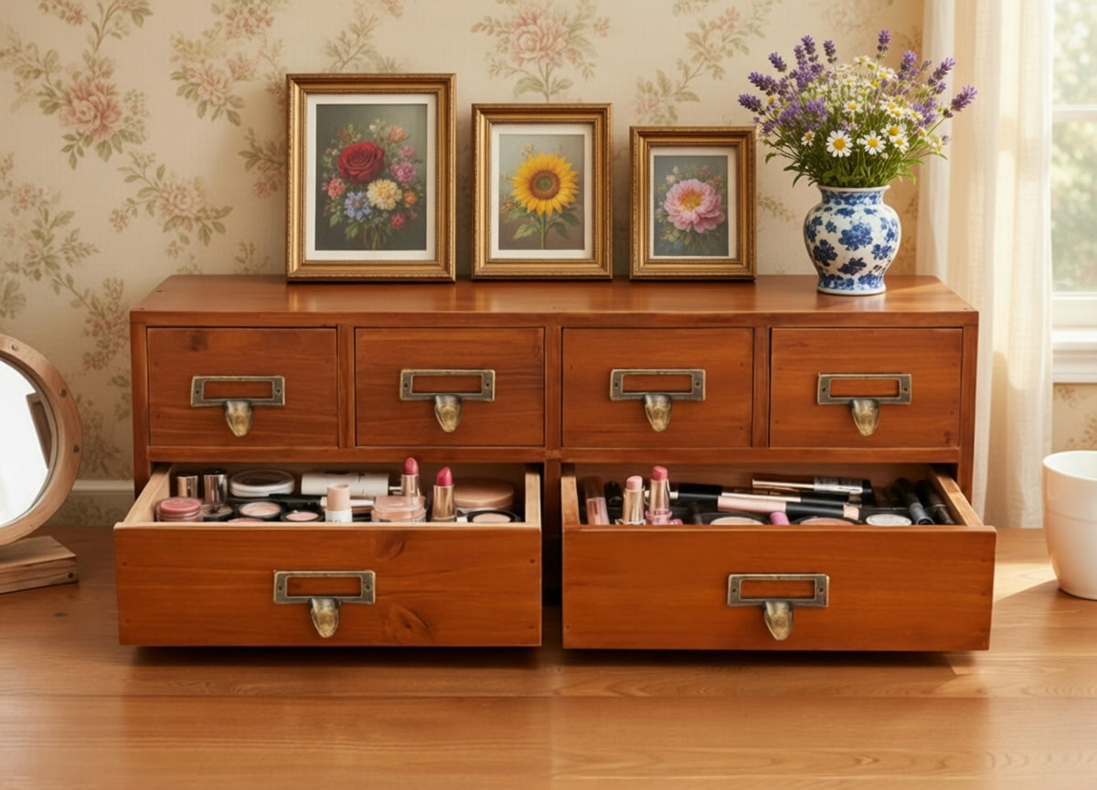 Wooden Desktop Storage Cabinet with Multiple Drawers, Retro Style ...