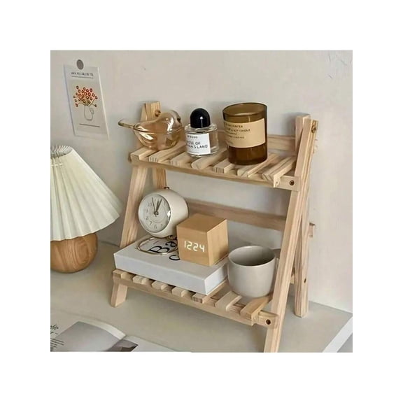 Wooden Desktop Storage Rack and Display Shelf, 2-Tier Foldable Trapezoid Tabletop Organizer for Home Decor, Office Supplies, Jewelry, Plant and Spice Display, Natural Wood Surface