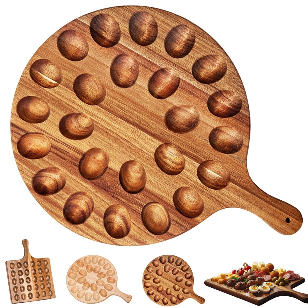 Wooden Deviled Egg Platter, Eggs Tray, Container Holder Craft Wood on Table, Plate for Breakfast, Reversible Plates with Handle, Cute Kitchen  Charcuterie Board Countertop Thanksgiving