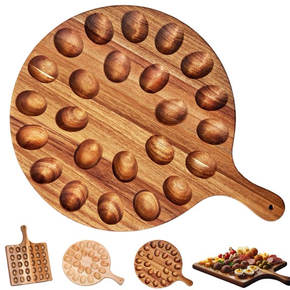Wooden Deviled Egg Platter, Eggs Tray, Container Holder Craft Wood on Table, Plate for Breakfast, Reversible Plates with Handle, Cute Kitchen  Charcuterie Board Countertop Thanksgiving