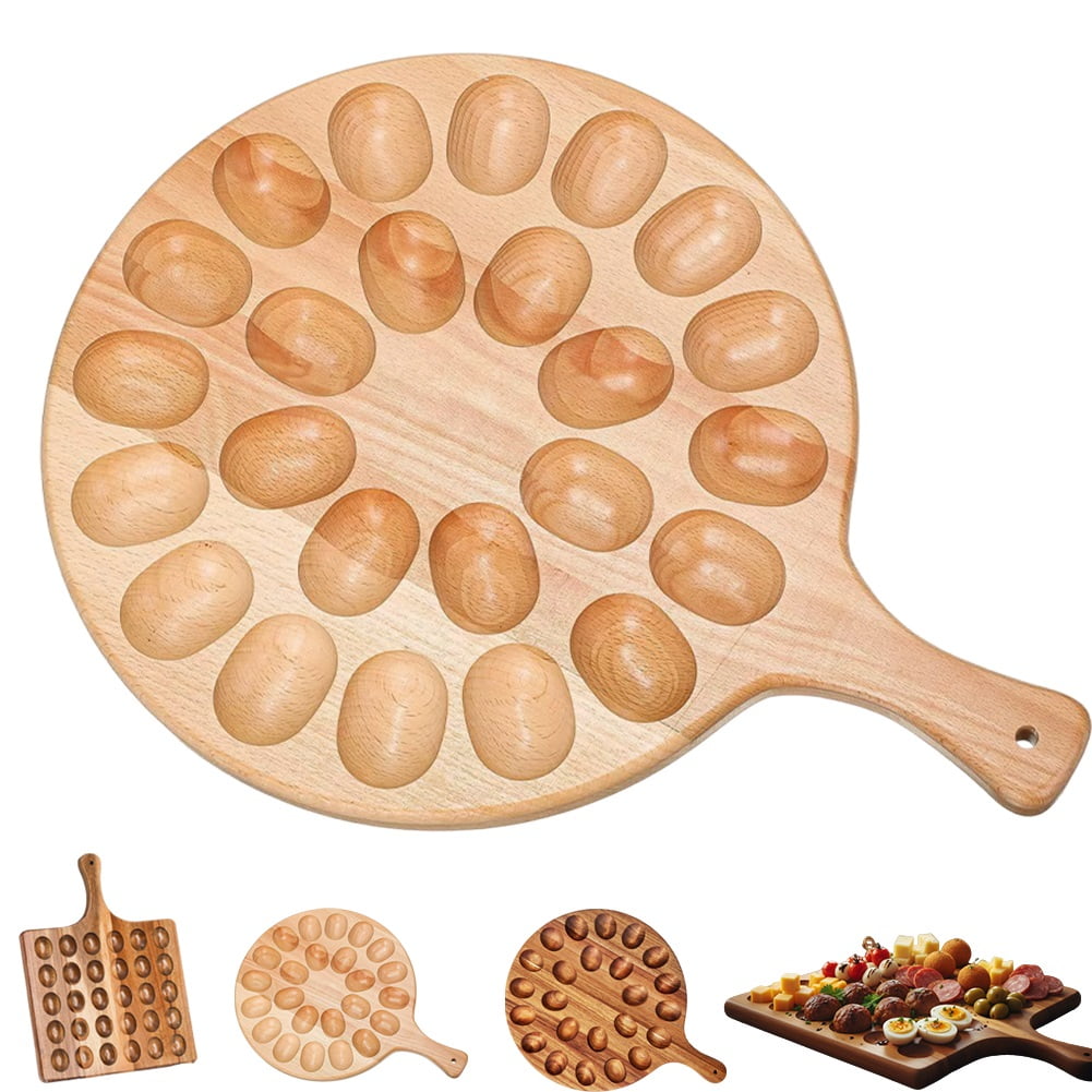 Wooden Deviled Egg Platter, Eggs Tray, Container Holder Craft Wood on Table, Plate for Breakfast, Reversible Plates with Handle, Cute Kitchen  Charcuterie Board Countertop Thanksgiving