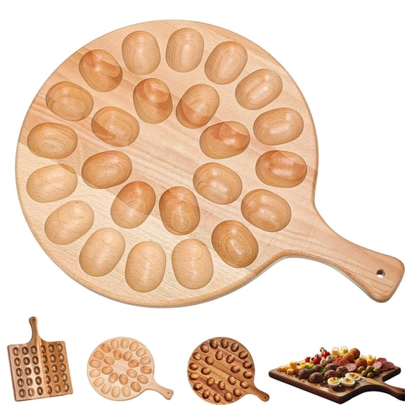 Wooden Deviled Egg Platter, Eggs Tray, Container Holder Craft Wood on Table, Plate for Breakfast, Reversible Plates with Handle, Cute Kitchen Charcuterie Board Countertop Thanksgiving