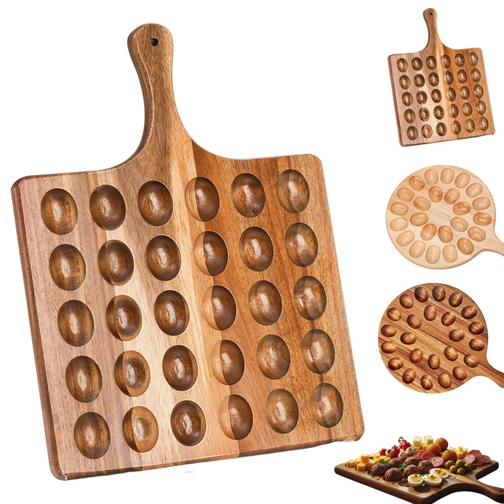 Wooden Deviled Egg Platter, Eggs Tray, Container Holder Craft Wood on Table, Plate for Breakfast, Reversible Plates with Handle, Cute Kitchen  Charcuterie Board Countertop Thanksgiving