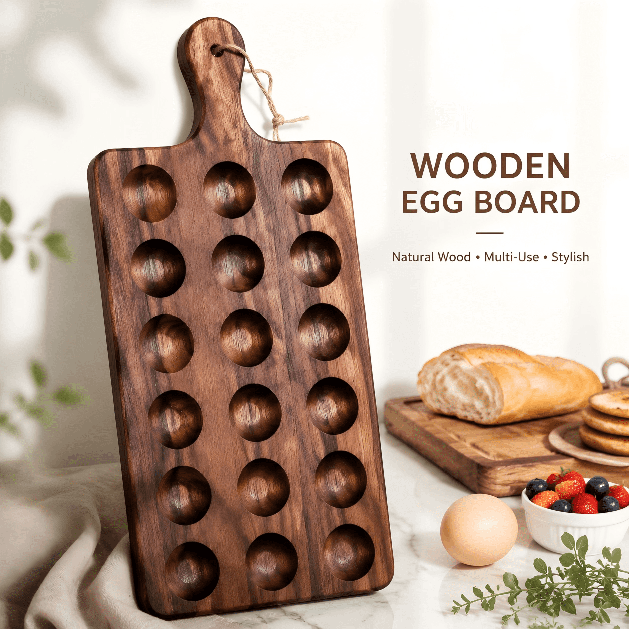 Wooden Deviled Egg Serving Tray, Reversible Acacia Egg Platter with 18 Slots, Charcuterie Board and Cheese Serving Board with Handle for Kitchen Gatherings Appetizers and Snack Display