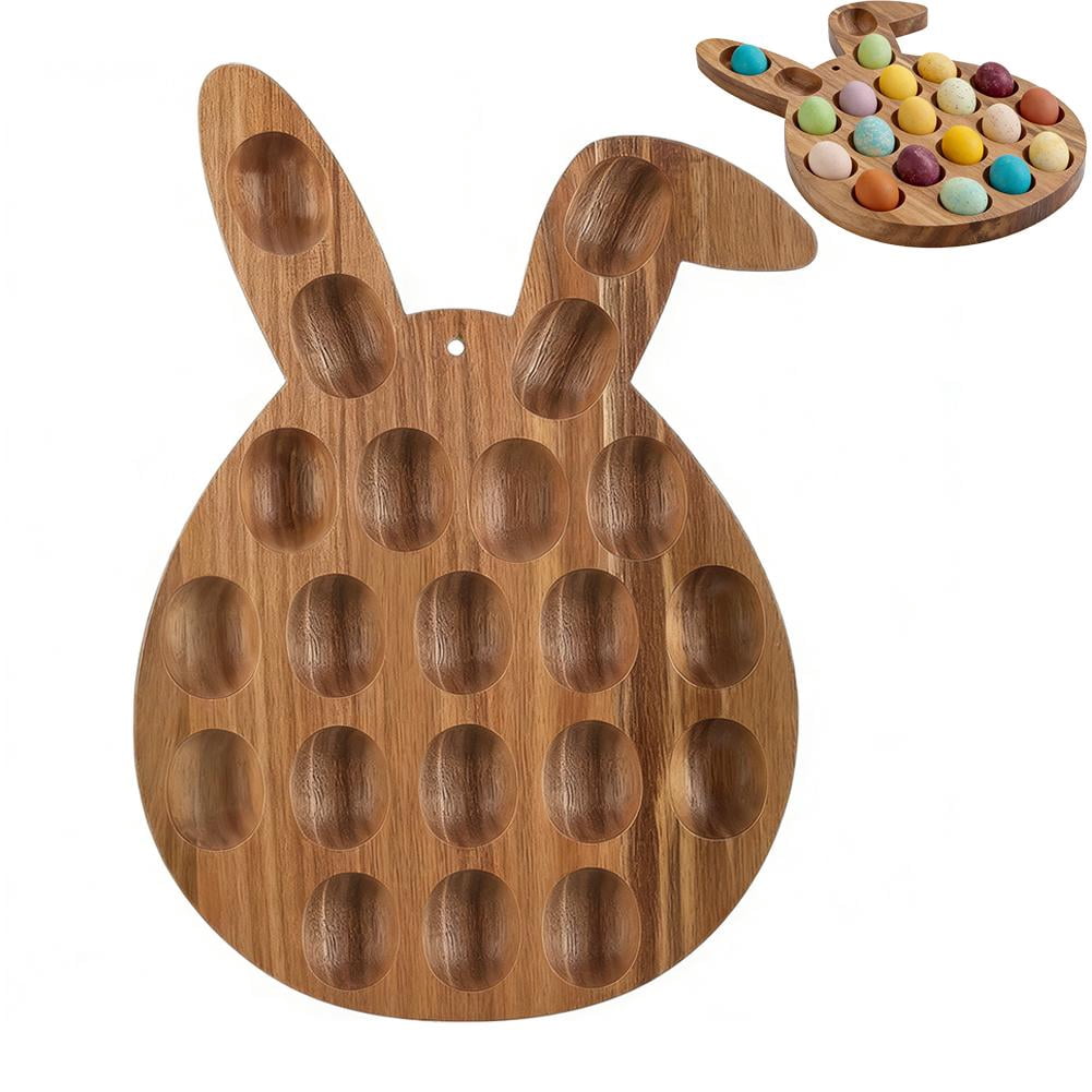 Wooden Deviled Egg Tray Bunny Shaped Deviled Egg Platter Holds 21 Eggs Double Sided Wood Charcuterie Board for Easter Spring Holiday Party Countertop Appetizer Serving Container