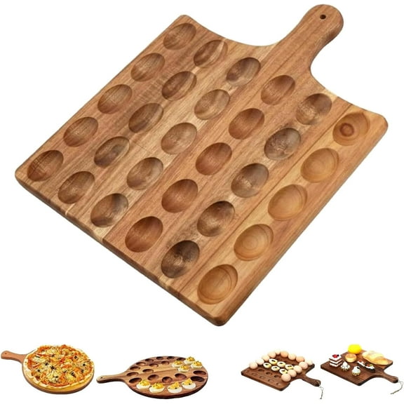 Wooden Deviled Egg Tray with Handles, 25/30 Hole Deviled Egg Cutting Board, Reversible Devileds Eggs Wood Tray, Square Multipurpose Charcuterie Boards Cheese for Home Kitchen (Square)