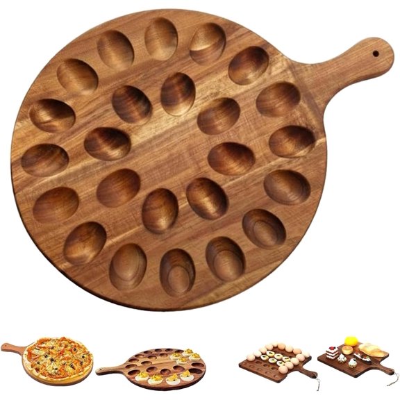 Wooden Deviled Egg Tray with Handles, 25/30 Hole Deviled Egg Cutting Board, Reversible Devileds Eggs Wood Tray, Square Multipurpose Charcuterie Boards Cheese for Home Kitchen (Round-2)