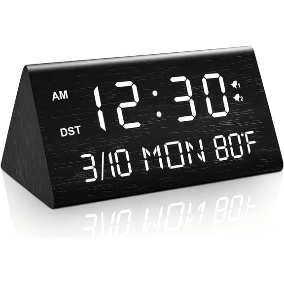 Wooden Digital Alarm Clock, 0-100% Dimmer, 2 Alarm Settings, Weekday/Everyday Mode, 9 Mins Snooze, 12/24H, Temperature and Date Display for Office, Travel, Bedroom Alarm Clock (Black)