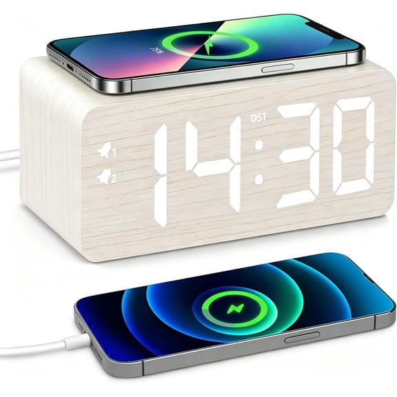 Wooden Digital Alarm Clock, 10W Fast Wireless Charger Station & 2 USB Charging Ports, with 0~99% Dimmer, Dual Alarm, Weekday/Weekend Mode, Wood LED Clock for Bedroom, Desk, Office