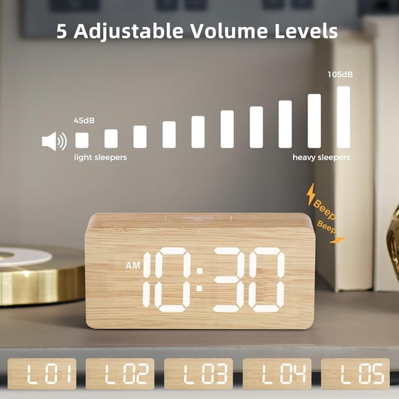 Wooden Digital Alarm Clock for Bedroom with 0-100% Dimmable Large Number Display | Dual Loud Alarm with Volume Control for Heavy Sleepers | Desk Clock for Living Room Decor Gift